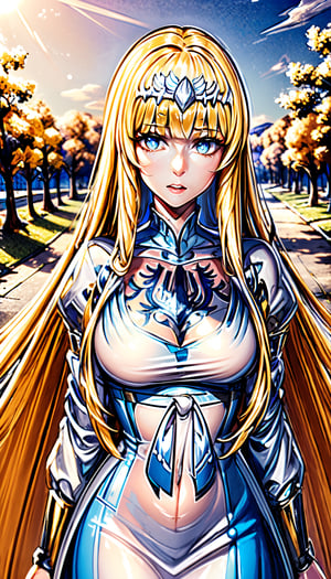 (Extremely detailed CG unified 8k wallpaper), WESTERN_CASTLE_GARDEN_BACKGROUND, (((Masterpiece))), (((Best Quality))), ((Super Detailed)), (Best Illustration), (Best Shading), ( (Extremely exquisite and beautiful)), embodying the charm, exuding beauty, sexiness and charm. Mesmerizing eyes convey mystery and seduction. Elegant and charming, with a slender figure and full of mystery.  graceful posture, ,1 girl, solo, Calca, Calca Bessarez, blonde hair, (extremely long hair:1.5), very long hair, white tiara, white dress, blue eyes, extremely long hair, , medium breast, yellow hair color,yellow hair color