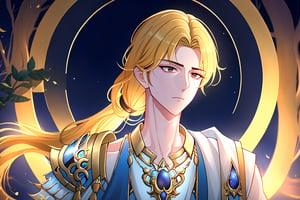 The background of the picture is a luxurious ancient city. Detailed eyes, detailed image, and a proportional and beautiful body. It's nighttime. upper body,Hyouka,1male,solo,blonde hair,brown eyes,one-sided braid,very long braided hair,one shoulder armor, handsome man, 25 years old, serious face