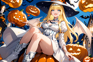 score_9, score_8_up, score_7_up, 1girl,, halloween dress, bat wings, multiple bat, white bat ears, white boots, floating, sitting on pumpkin, from below, looking at viewer, smug, closed mouth, outdoors, night, fangs, glitter eyes, (Halloween party:1.4), (Halloween decoration:1.4),Calca,Calca Bessarez,blonde hair,(extremely long hair:1.3), orange tiara,white witch dress, light blue eyes,medium chest,blunt bangs, mature female, open mouth 