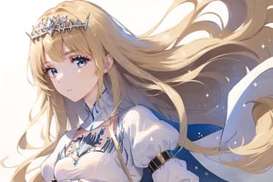 1girl, solo, looking at the viewer, from side, portrait, ,Calca, calca, blonde hair, long hair, medium chest, extremely long hair, very long hair, extra long hair, white tiara, white dress, blue eyes