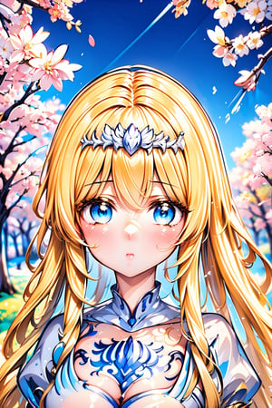 ((masterpiece: 1.2)), beautiful and aesthetic girl, ((1girl)), extremely detailed, highest detailed image, ((detailed eyes)), ((light particles)), cherry blossom, cherry blossoms. ,1 girl, solo, Calca, Calca Bessarez, blonde hair, (extremely long hair:1.5), very long hair, white tiara, white dress, blue eyes, extremely long hair, medium breast, yellow hair color,yello hair color