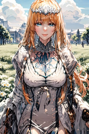 masterpiece, best quality, angelreah, angelic theme,  looking at viewer, gentle smile, clouds, blue sky, flower field, looking at viewer, surprised,1 girl, Enhance, best body posture, best breast, sexy, elegant, Extremely Realistic,  1girl, solo, Calca, Calca Bessarez, blonde hair, (extremely long hair:1.3), very long hair, white tiara, white dress, blue eyes,