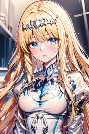 1girl, solo, Calca, Calca Bessarez, blonde hair, (extremely long hair:1.3), very long hair, white tiara, white dress, blue eyes, medium chest, extremely long hair