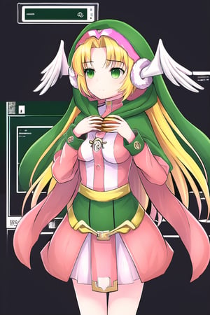 (masterpiece), fantasy, magical holographic interface,  medium chest, Divine Chant, 4th Seat of the Black Scripture, blonde hair, green eye, (pink dress:1.2), green hood, very long hair, 1girl, solo, angelwing-shaped earmuffs