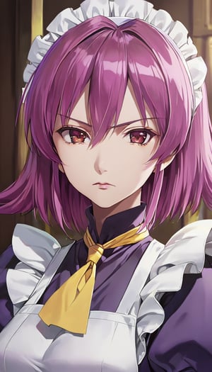  ,look at viewers ,female focus, close lips, portrait,,1girl, solo, dark purple maid dress, white apron, white maid headband, yellow double necktie, puffy sleeve, long sleeve, dark pink hair, (sidelock:1.5), short hair, dark pink eyes, serious face, 25-year-olds, mature female