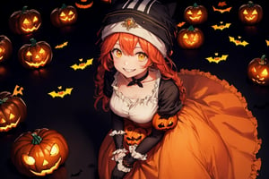 sitting, light smile, (Woman dressed in a spooky Halloween costume:1.3), (Halloween outfit:1.3) holding a carved pumpkin, surrounded by pumpkin, from above, skill decoration, skeleton decoration, Halloween accessories, 
lupusregina beta, evil grin, acrobatic pose, outdoors, dark forest, death trees, night time, BETA, masterpiece, best quality, high quality, highres, absurdres, 1girl, solo, orrange animal hat, anime coloring, maid, upper body, puffy short sleeves, orange headwear, collarbone, parody, official style, choker, alternate costume, bridal gauntlets, dress, shirt, ess,orange dress, frills, long sleeves, maid, orange maid headdress, puffy sleeves, looking at viewer, masterpiece, best quality, high resolution, orange theme 
