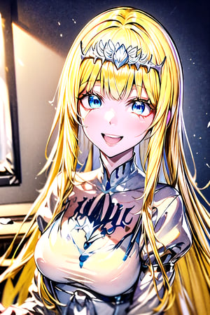 indoors, smiling,, birthday party, cake, birthday cake, happy, looking_at_viewer, 1girl, solo, calca, blonde hair, medium chest, (extremely long hair:1.3), very long hair, extra long hair, white tiara, white dress, blue eyes,Calca Bessarez,Calca