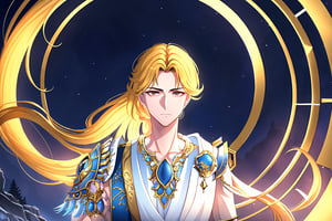 The background of the picture is a luxurious ancient city. Detailed eyes, detailed image, and a proportional and beautiful body. It's nighttime. upper body,Hyouka,1male,solo,blonde hair,brown eyes,one-sided braid,very long braided hair,one shoulder armor, handsome man, 25 years old, serious face