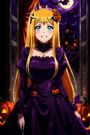 score_9, score_8_up, score_7_up, source_anime, rennertheierechardelonrylevaiself, renner theiere chardelon ryle vaiself, long hair, blue eyes, blonde hair, hair ornament, very long hair, flower, hair flower, smile, evil smile, evil grin, orange long sleeves, orange dress, jewelry, puffy sleeves, Halloween necklace, orange dress, crown, princess, frills, indoors, night, night sky, moonlight, moon, curtains, window, looking at viewer, cowboy shot, glowing eyes, hidden in the shadows,  (Halloween party:1.4), (Halloween decoration:1.4), pumpkin, bat, death tree, graveyard, outdoor, Horror atmosphere,