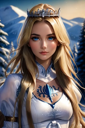 masterpiece, high quality realistic, realistic aesthetic photo,(HDR:1.2), pore and detailed, intricate detailed, graceful and beautiful textures, RAW photo, 16K, (bokeh:1.1), sharp focus, (head to waist portrait), on the snow forest, Russian-model-girl fused sapphire, smooth fair skin, beautiful face, blond wavy straight hair, 1girl, solo, Calca, Calca Bessarez, blonde hair, (extremely long hair:1.3), very long hair, white tiara, white dress, blue eyes, medium chest