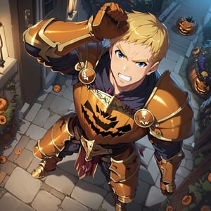 Climb, score_9, score_8_up, score_7_up,, masterpiece, best quality, best aesthetic, 1boy, ((solo)), male focus, blonde hair, blue eyes, short-hair, Halloween armor, orange gauntlets, pumpkins shoulder armor, Spooky breastplate, orange armored boots, d, clenched fists, arm up, outdoors,  from above,  (Halloween party:1.4), (Halloween decoration:1.4),