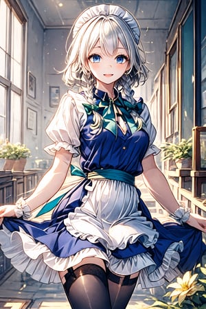 1girl, solo, medium breasts, looking at the viewer, blush, sitting, full body, flower, :d, hand up, in luxurious bedroom, ,izayoi_sakuya_touhou, Sakuya, Sakuya Izayoi, blue maid outfit, white apron, white maid headband, silver hair, two braided hair, short hair, blue eyes, blue eyes, two green ribbons on her braided hair, green bowtie, braid,, twin_braids