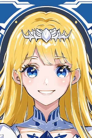 facial shot, bright eyes,, smiling, ,1girl, solo, Calca, Calca Bessarez, blonde hair, (extremely long hair:1.3), very long hair, white tiara, white dress, blue eyes, medium chest, medium breast, yellow hair color