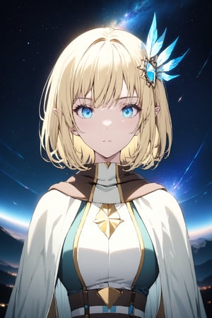 gorgeous girl, upper body, looking at the viewer, front view, dynamic pose. Double exposure with a starry sky, masterpiece, ((double exposure)), proportional, 1girl, cayna, blue eyes, pointy ears, hair ornament, blonde hair, short hair