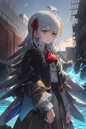 masterpiece, best quality, ultra detailed, extremely detailed, wallpaper (surrounding with blue flames, night, indigo flowers, water, flow, volumetric light, fantasy environment),  grey hair, yellow eyes, long hair, ahoge, side braid, hair ribbon, black dress, black skirt, brooch, red ascot, capelet, white sleeves, Olga-Marie, 25 years old, mature female, serious face