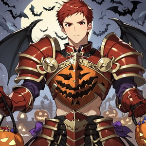 Climb, score_9, score_8_up, score_7_up,, masterpiece, best quality, best aesthetic, 1boy, ((solo)), male focus, red hair, red eyes, short-hair, red armor, red gauntlets, red pumpkins shoulder armor, Spooky breastplate, red armored bootsoutdoors,  (Halloween party:1.4), (Halloween decoration:1.4), black bat wings, serious face 