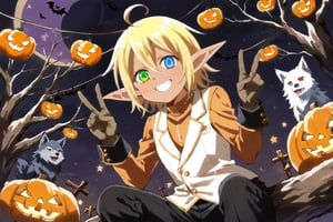 Aura Bella Fiora \(overlord\), 1 girl, solo, short hair, blonde hair, hair between eyes, blue eyes, green eyes, heterochromia, pointy ears, dark skin, elf, ahoge, 
orange shirt, long sleeves, brown gloves, jewelry, white vest, black pants, 
smile,, fingersmile, night, (Halloween theme:1.4), (Halloween decoration:1.4), 
death forest, upper body, Sitting on a tree branch. double Peace sign, (black wolfs around:1.4)
score_9,score_8_up,score_7_up,source_anime, from below, leaning forward, dutch angle, 