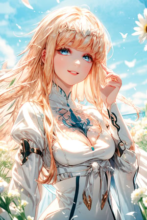 1girl, solo, Calca, calca, blonde hair, long hair, medium chest, extremely long hair, very long hair, extra long hair, white tiara, white dress, blue eyes, Calca Bessarez, medium breast, smiling face pointing into the distance (dynamic superheroine pose). 64k, UDR, RAW photo, perfect focus, high resolution, ,1 girl, flower