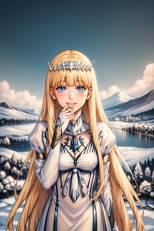 a lovely girl, solo, looking at viewer, Smile,gentle expression,masterpiece, best quality, aesthetic,scenery,winter,putting the hand in front of the mouth,blush,  1girl, solo, Calca, Calca Bessarez, blonde hair, (extremely long hair:1.3), very long hair, white tiara, white dress, blue eyes,extremely long hair