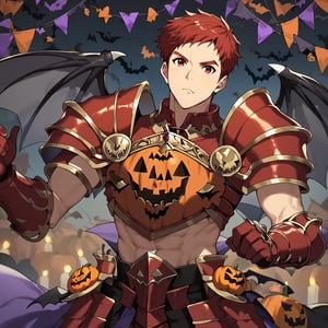 Climb, score_9, score_8_up, score_7_up,, masterpiece, best quality, best aesthetic, 1boy, ((solo)), male focus, red hair, red eyes, short-hair, red armor, red gauntlets, red pumpkins shoulder armor, Spooky breastplate, red armored bootsoutdoors,  (Halloween party:1.4), (Halloween decoration:1.4), black bat wings, serious face 