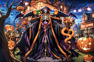 score_9, score_8_up, score_7_up, score_6_up, source_anime, best quality, masterpiece, colorful, very aesthetic, anime, BREAK   ainz ooal gown, skeleton, lich, orange dark robe, orange dot eyes, overlord, so-bin style, teeth, hood, orange magic, enchanted, orange guild staff, orange Halloween staff  with snakes  and jewels,ainz ooal gown \(overlord\), Movie Poster, MoviePosterAF, (Halloween party:1.4), (Halloween decoration:1.4), pumpkin, bat, death tree, grave yard, outdoor, Horror atmosphere, Halloween poster