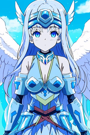 (masterpiece), (best quality) , blue sky (anime style),Noint, , extremely long hair, silver hair, straight hair, light blue eyes, large white wing, feather Wings, hair ornament, silver hair band, off-shoulder, serious face, hand armors, silver neck armor,