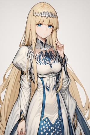 1girl, solo, beautiful blue eyes, Calca, Calca Bessarez, blonde hair, (extremely long hair:1.5), very long hair, white tiara, white dress, blue eyes,, , extremely long hair