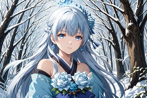 looking at the viewer, upper body, female focus, outdoors, day,  winter, ice tree, blizzard, ice magic, ice rose, luminous ice,,  1girl, solo, ,Yuki Onna, 1girl, Japanese kimono, bare shoulder, light blue hair, extremely long hair, blue eyes, hair ornament, blue ribbon, blue earring, medium breast