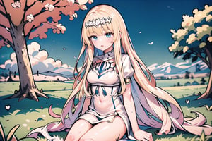 (masterpiece, best quality, highres:1.1), ultra resolution image, Colorful, (watercolor style:0.9),  sitting, cuddle, tree, wind,  love, dream, summer, air, 1girl, solo, Calca, Calca Bessarez, blonde hair, (extremely long hair1.3), very long hair, white tiara, white dress, blue eyes, medium chest