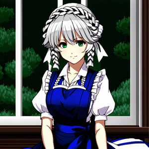 (Beautiful Eyes) (Sparkling Eyes) (Tall Body) (Pretty Pose) (Maid's Dress) (Black and White Background), Chibi,pixel style,Sakuya, ,izayoi_sakuya_touhou, Sakuya, ,,, Sakuya Izayoi, blue maid outfit, white apron, white maid headband, silver hair, (two braided hair:1.3), short hair, blue eyes, blue eyes, two green ribbons on her braided hair, green bowtie, braid,izayoi_sakuya_touhou