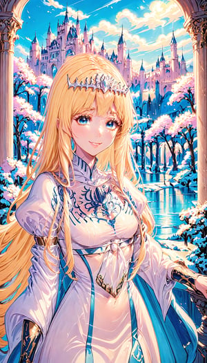 1girl, young,  smile, expressive eyes, palace, fantasy, outdoors, masterpiece, best quality, vibrant colors, intricate details, cinematic lighting, aesthetic, awe-inspiring,  1girl, solo, Calca, Calca Bessarez, blonde hair, (extremely long hair:1.3), very long hair, white tiara, white dress, blue eyes, medium chest, , extremely long hair