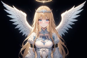 Generate hyper realistic image of a beautiful  celtic girl looking directly at the viewer.  ,light blue eyes, Sweet face and gaze, in a luxurious room,  (intricate details), highly detailed, vibrant, production film, ultra high quality photography style, Extremely Realistic,anime,  1angel, very large white wings, big pairs of wings from her shoulder,  solo, Calca, Calca Bessarez, blonde hair, extremely long hair, very long hair, white tiara, white dress, blue eyes, medium chest, face focus, close up, , crying_with_eyes_open, , sadness, , , giant white wings,AngelStyle