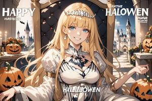 magazine, magazine cover, score_9, score_8_up, masterpiece, best quality, highres, BREAK, solo, smile, female focus, earrings,
(masterpiece), (best quality), 8k illustration, solo, in hall, palace, throne,  (Halloween party:1.4), (Halloween decoration:1.4), blonde hair,Calca,Calca Bessarez,1girl,(extremely long hair:1.3),white tiara,white dress,blue eyes,medium chest,blunt bangs