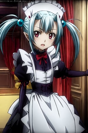 , anime girl, a nice dress, anime girl in a maid costume, clean detailed anime art, clean anime art, official art, ,1girl, solo,mimi, Mimi, dark red eyes, pointy ears, light blue hair, short hair, pigtails hair, cyan orbs on her head, big white maid headband, small chest, black maid dress, white apron, long black glove