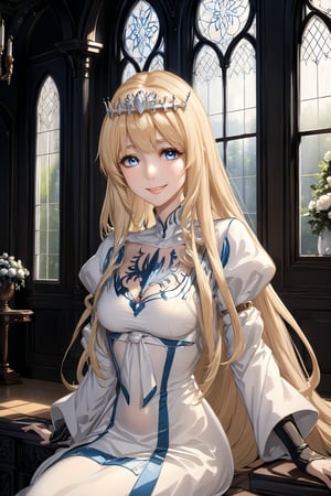 anime girl, mature female, thick lines, 1girl, solo, Calca, Calca Bessarez, blonde hair, (extremely long hair:1.5), very long hair, white tiara, white dress, blue eyes, extremely long hair, in luxurious be room, victorian gothic style room, window, daylight, perfect light, smile