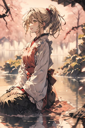 
masterpiece, top quality, best quality, beautiful and aesthetic,(from front:1.5),looking at viewer,
watercolor,(soft focus:2.0),
BREAK,(daydream:1.2),best lighting,  bokeh,  lens flare, 
//Character
1girl,,,smil
perfect anatomy,

cherry blossoms,
park,

, wide-eyed,
sitting bench,  (looking away:1.3),

BREAK ,1girl, mature female,,yellow eyes,red apron,white kimono,,,,dark yellow hair skirt,sitting,smile,outdoors,riverbank,wind,water drop, uka, uka no mitama, high ponytail, 