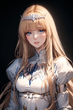 upper body, flower, parted lips,  1girl, solo, Calca, Calca Bessarez, blonde hair, (extremely long hair:1.3), very long hair, white tiara, white dress, blue eyes, medium chest,extremely long hair, blunt_bangs, bangs