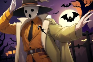 (masterpiece), (best quality), 8k illustration, , 
, 1male, solo, , Neutral mask, face man, four fingers, dark eyes, orange hat, orange trench coat, orange German soldier uniform, black necktie, orrange boots, pandora's actor, open mouth, black mouth, Pandora's Actor, salute pose,  (Halloween party:1.4), (Halloween decoration:1.4), pumpkin, bat, death tree, grave yard, outdoor, Horror atmosphere,, masterpiece, best quality, outdoor, graveyard, tomb, night time, full of ghost, surrounded by ghost, close up