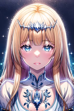 looking at viewer, , upper body, , parted lips, virtual youtuber, , , portrait, light particles, ,light, 1girl, solo, Calca, Calca Bessarez, blonde hair, extremely long hair, very long hair, white tiara, white dress, blue eyes, medium chest,