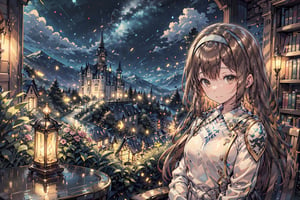 (((Masterpiece))),(((Best quality))),((Super-detailed)),(Best illustration),(Best shading),((Extremely Exquisite and beautiful)), mediaval landscape with tall castle buildings, night, library with windows, 1girl, chair,table, sleeping,music box,,raven,firefliesfireflies, Kelart, extremely long hair, brown hair, white hairband, brown eyes, medium chest, black sleeve, white outfit, black long skirt