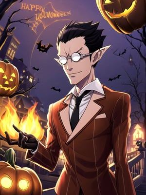 (((masterpiece))),best quality, illustration,(detailed male), (Hallloween party:1.4), pumpkins, surrounded by pumpkins, detailed lighting, detailed fire, haunted house, cancel light, horror atmosphere, (detailed eyes), expressionless,,demiurge, orange suit, orange trouser, Orange Necktie, Silver Round Glasses, short hair, pointy ears, black hair, Diamond Eyes, long metal tail, black gloves, demiurge, (Halloween outfit:1.4), villain, bat