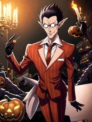 (((masterpiece))),best quality, illustration,(detailed male), (Hallloween party:1.4), pumpkins, surrounded by pumpkins, , detailed lighting, detailed fire, haunted house, cancel light, horror atmosphere, (detailed eyes), expressionless,,demiurge, orange suit, orange trouser, Orange Necktie, Silver Round Glasses, short hair, pointy ears, black hair, Diamond Eyes, long metal tail, black gloves, demiurge, (Halloween outfit:1.4)