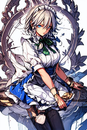 ((film lighting)), ultra-detailed, dramatic lighting, intricate detail, , beautiful face, heavenly reflection utopia scene, perfect eyes, twinkling light, central theme, Detailed face, detailed eyes, 1girl, solo,Sakuya,Sakuya Izayoi,blue maid outfit,white apron,white maid headband,silver short hair,two braided hair,blue eyes,green ribbons on her braid,big green bowtie, sidelocks