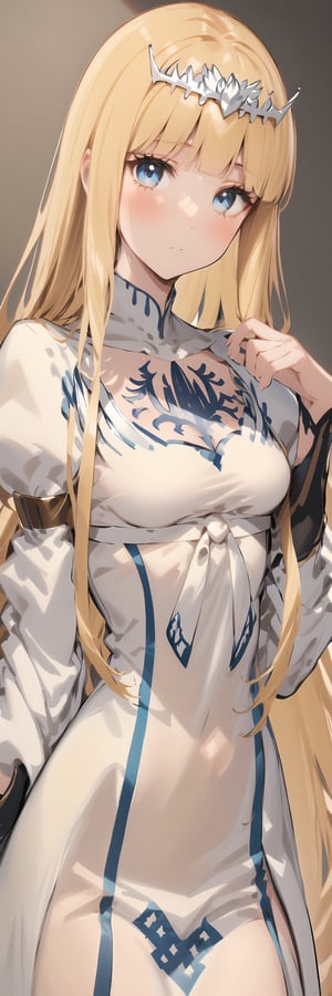  looking at viewer, blush, upper body, 1girl, solo, Calca, Calca Bessarez, blonde hair, (extremely long hair:1.3), very long hair, white tiara, white dress, blue eyes, medium chest,extremely long hair, blunt_bangs, bangs