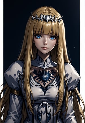  1girl, solo, Calca, Calca Bessarez, blonde hair, (extremely long hair:1.3), very long hair, white tiara, white dress, blue eyes, medium chest, bangs, blunt bangs