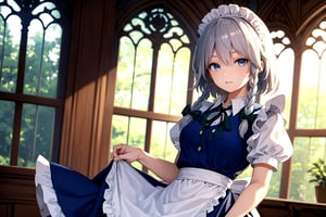 //Quality,
masterpiece, best quality
,//Character,
1girl, solo
,//Fashion,
,//Background, indoor, gothic Victorian mansion
,//Others,
, full_body,izayoi_sakuya_touhou, , silver hair, maid dress, white apron, very short skirt,, sleeveless outfit, detailed face, detailed eyes, fresh blue eyes, big green ribbons, blue outfit, double braids, small green ribbons