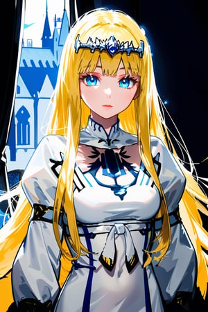 1girl, calca, blonde hair, extremely long hair, very long hair, medium breast, white tiara, white dress, blue eyes, in the castle 