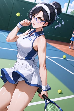 masterpiece, best quality, ultra-detailed, perfect anatomy, High detailed, detailed background, beautiful face, 

, ultra-detailed face ultra-detailed eyes,, perfect face, determined expression, focused gaze,

(((tennis court))), clay court, net visible, intense action shot, mid-swing pose, tennis racket in hand,  tennis outfit, white skirt, sleeveless top,

strong summer sunlight, sweat beads, dynamic angle, three quarter view, perfect anatomy,

5_fingers, beautiful_female_fingers, gripping tennis racket,

motion blur, action lines, dust particles from a clay court,

score_9, score_8_up, score_7_up,Yuri Alpha \(overlord\), glasses, bun hairstyle, black hair, black eyes, blue collar, whit maid headband,1girl, solo, in olympic tennis court, national tennis court, mature female, 25 years old