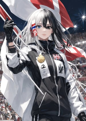 detailed illustration, dynamic angle, ultra-detailed, illustration, 1girl, Japan flag, white and black jacket, medium, Olympic Awards Ceremony, olympic competition, , bright eyes, podium,Antilene_Heran_Fouche \(overlord\), heterochromia, left black eye, right white eye, left silver hair, right black hair, black glove, hair ornament, Olympic outfit