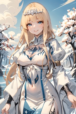 masterpiece, best quality, aesthetic,  staring at viewer, bangs, smiling flowers,  cowboy shot,  skin dentation, , ink art, sumi-e,Ink art.  1girl, solo, Calca, Calca Bessarez, blonde hair, (extremely long hair:1.3), very long hair, white tiara, white dress, blue eyes, medium chest, medium breast, yellow hair color,extremely long hair